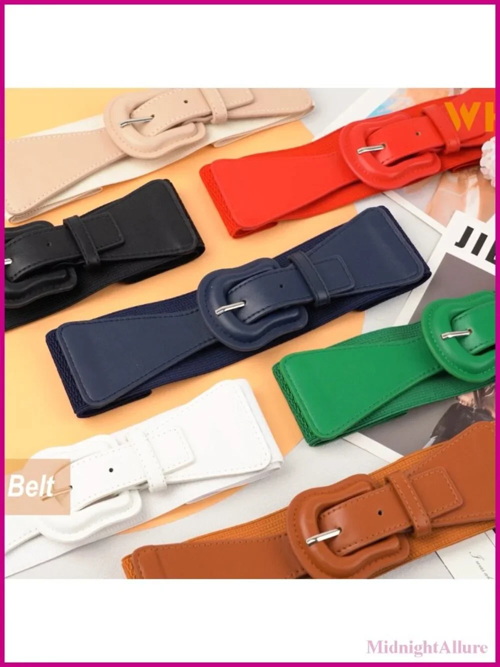Women's Wide Elastic Stretch Dress Belt with Interlock Leather Buckle